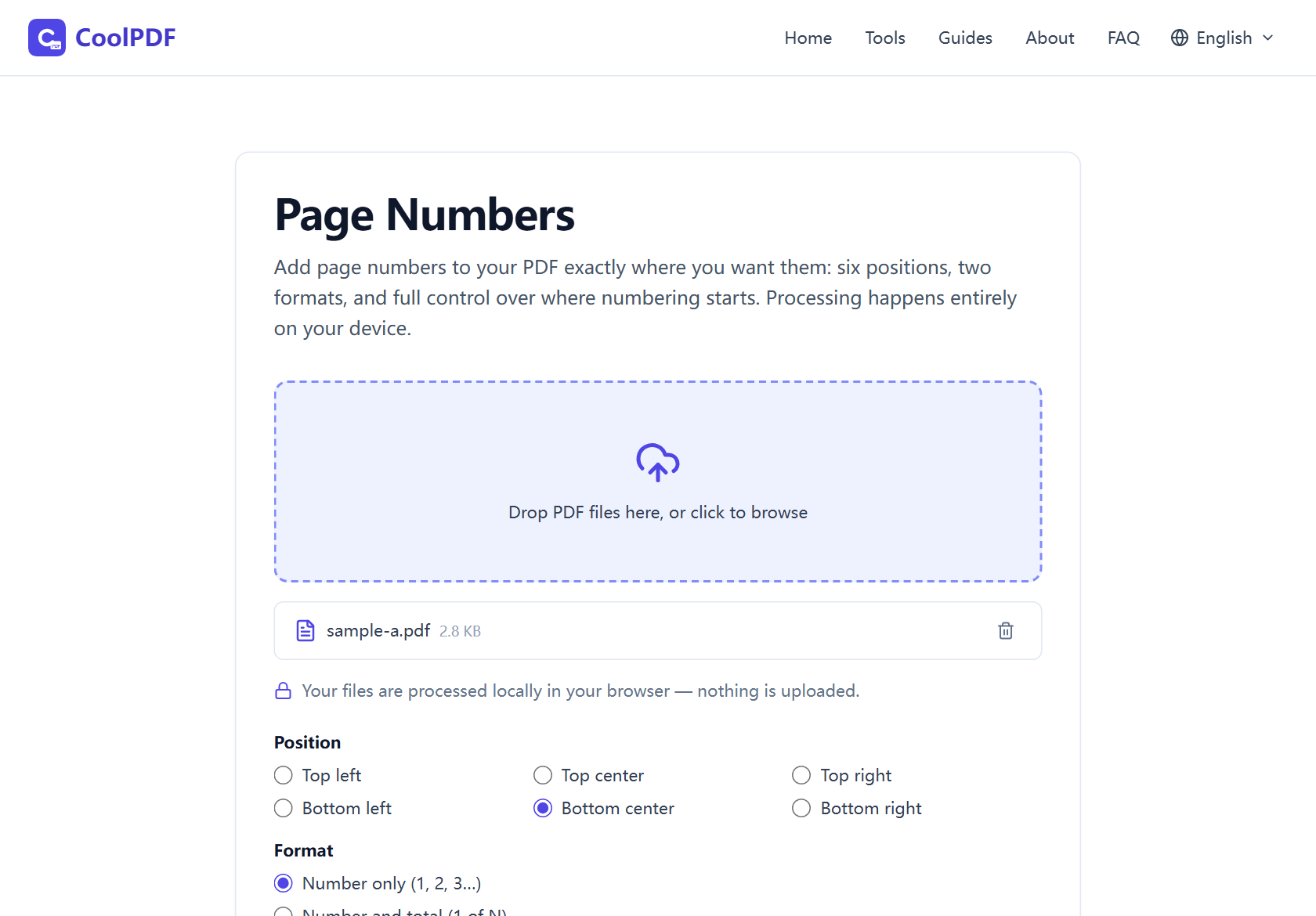 The download card after numbering, showing the numbered.pdf file name, the output file size, and the Download button.