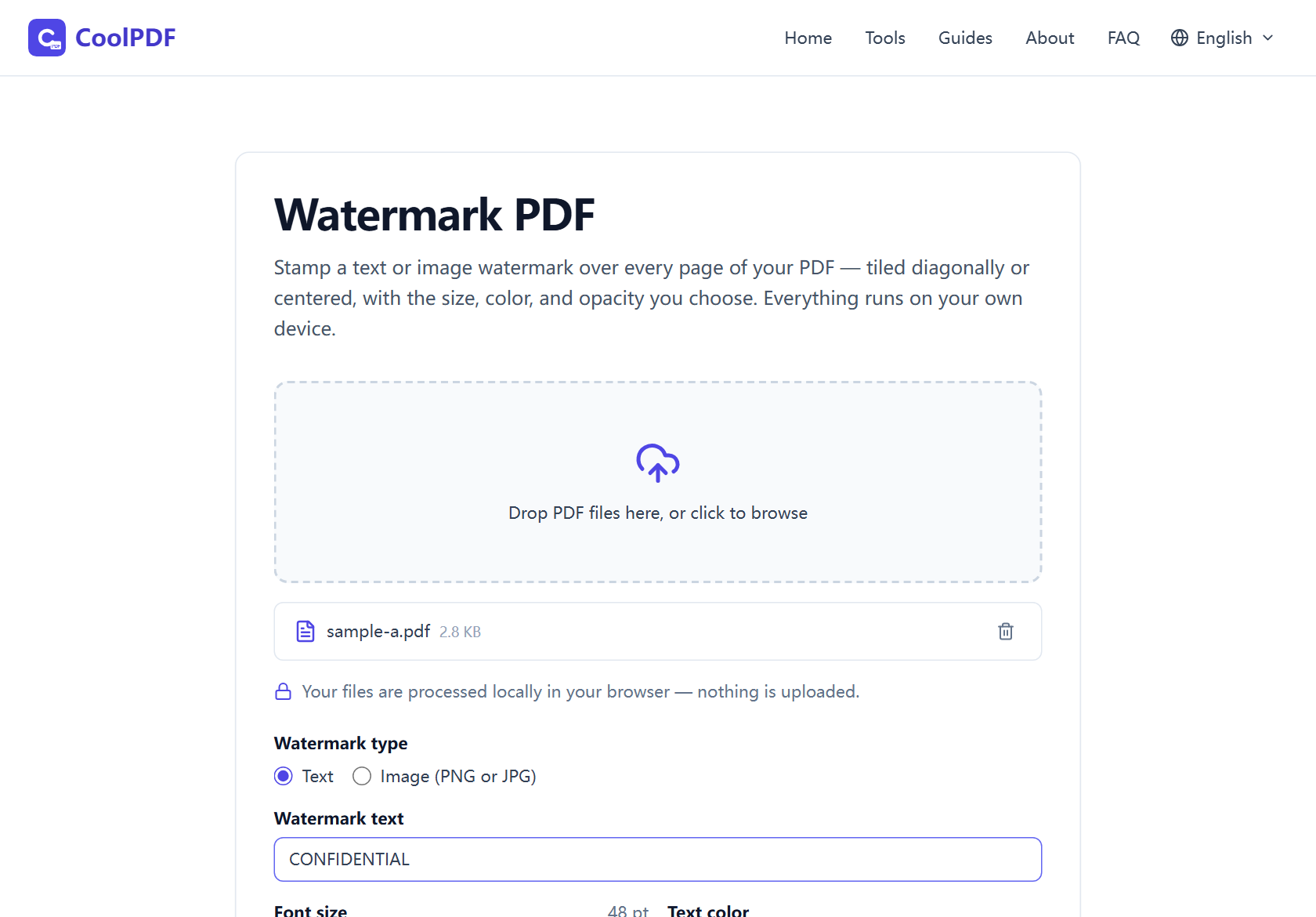 The CoolPDF text watermark options with CONFIDENTIAL typed, font size at 48 pt, a gray color swatch, opacity 20%, and the Tiled placement selected.