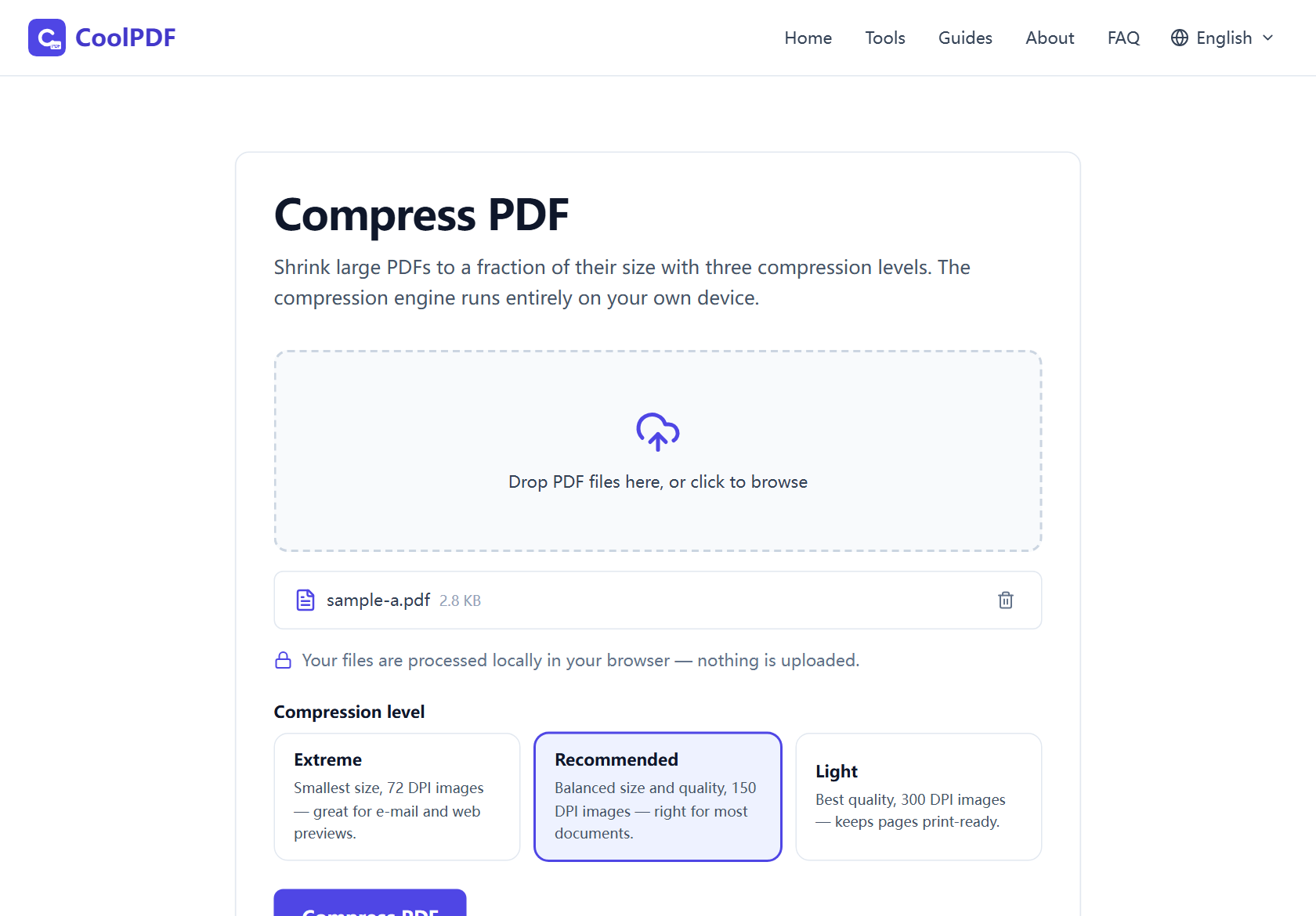 The CoolPDF Compress PDF upload area with one PDF added, and the three compression level cards — Extreme, Recommended, and Light — with Recommended selected.
