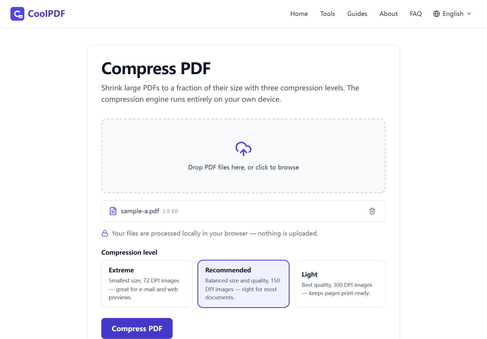 The download card shown after a successful compression, displaying the compressed.pdf file name, the original and new file sizes, the percentage saved, and the Download button.