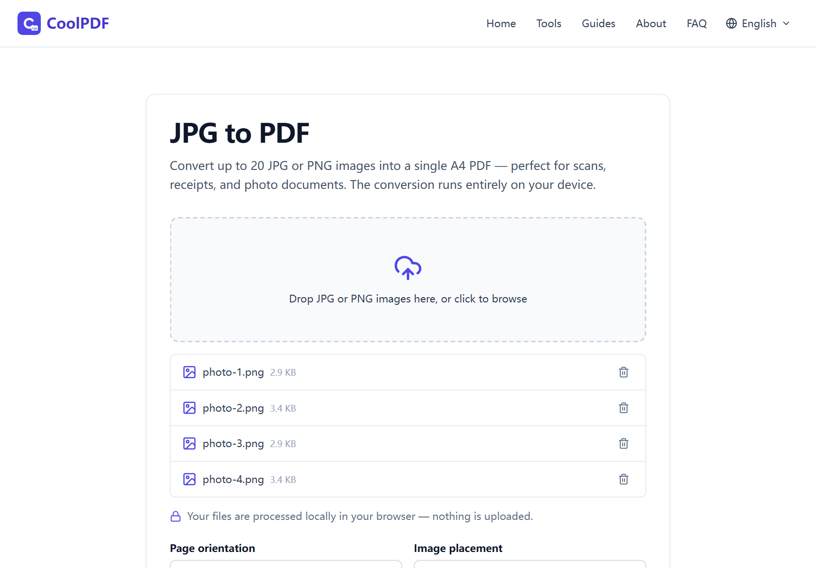 The CoolPDF JPG to PDF upload area with four image files added, each row showing the file name, its size, and a remove button.