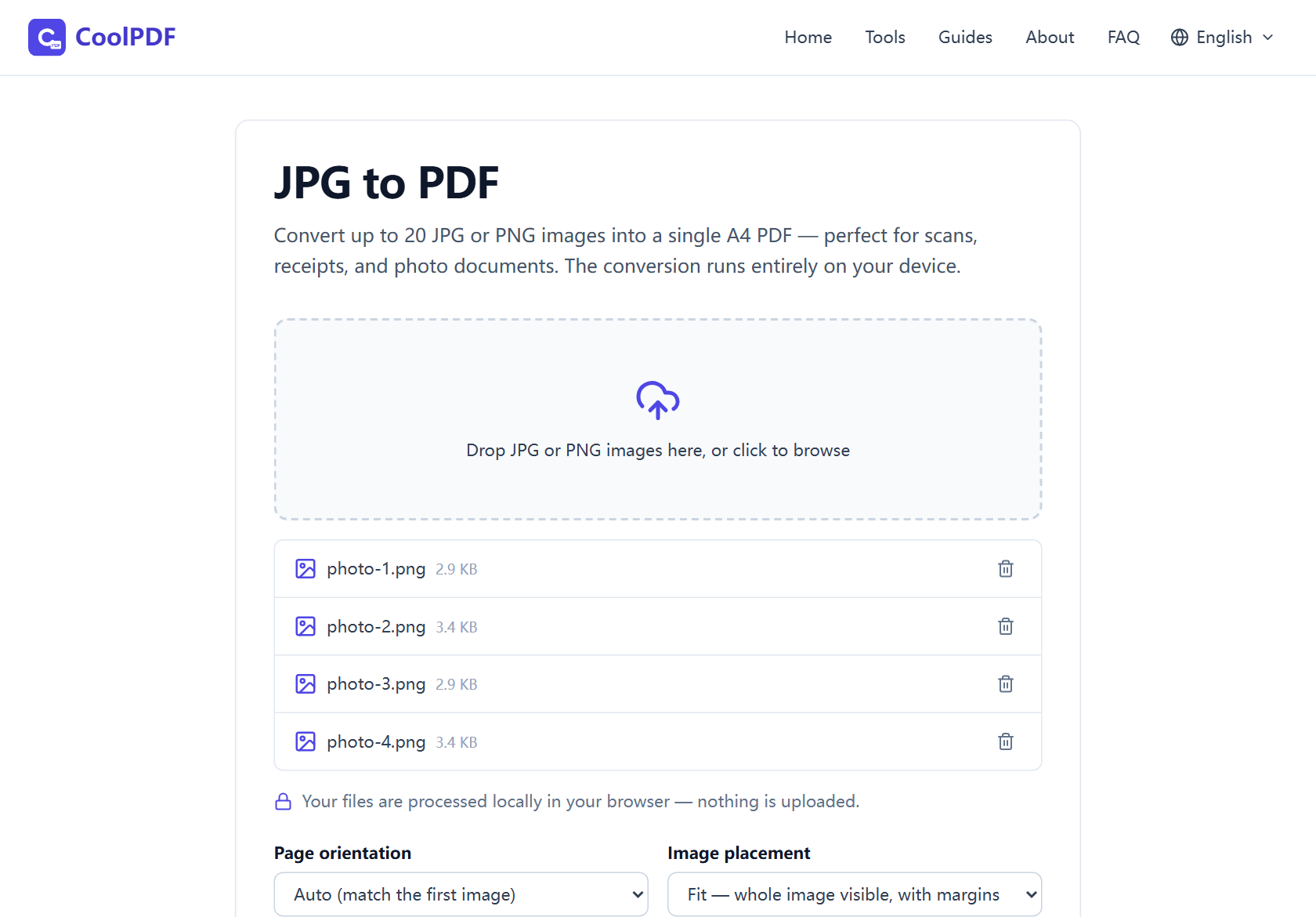 The two option dropdowns of the JPG to PDF tool: Page orientation set to Auto (match the first image), and Image placement set to Fit — whole image visible, with margins.