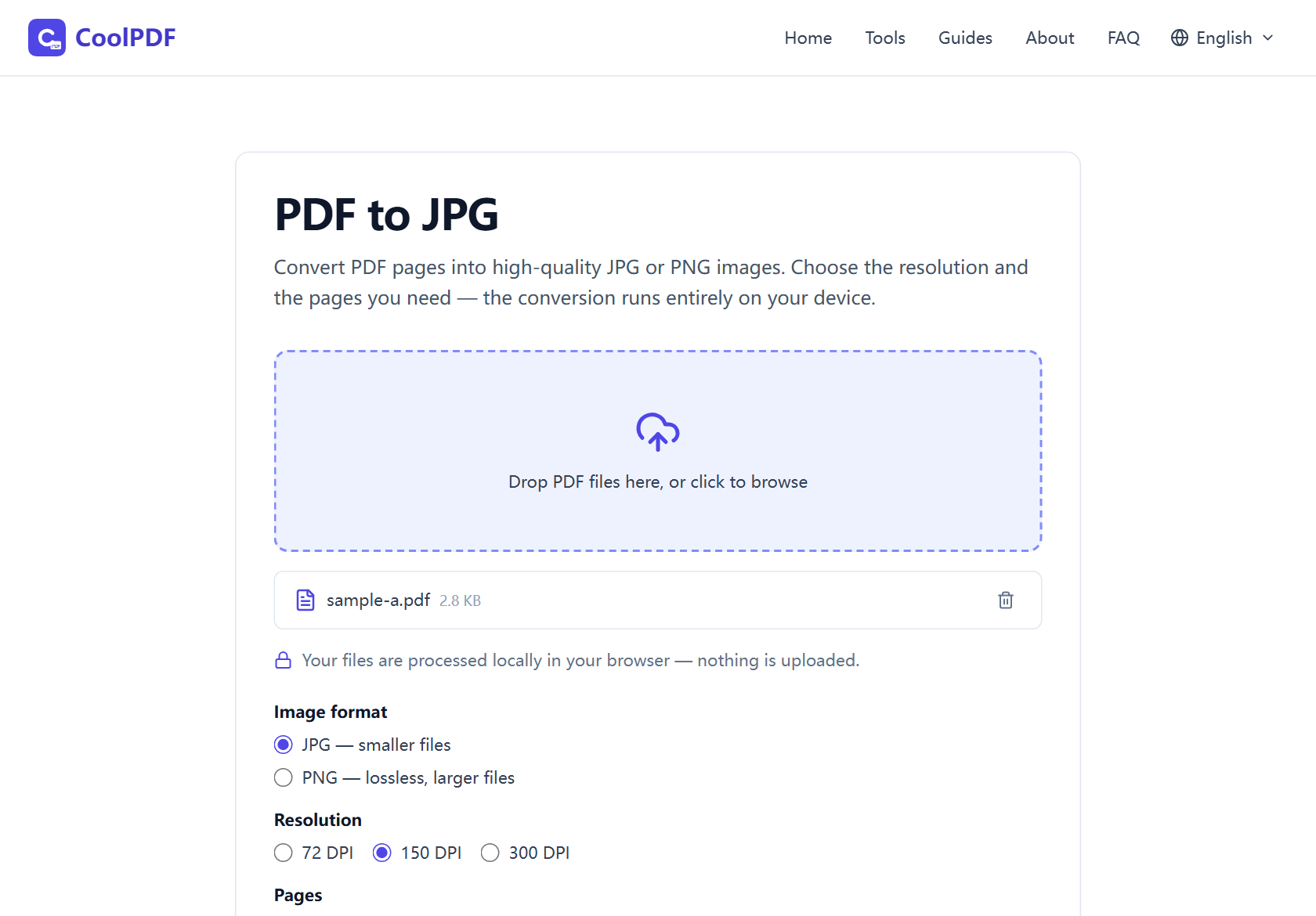 The CoolPDF PDF to JPG options panel showing the Image format radio buttons set to JPG, the Resolution radios set to 150 DPI, and the Pages radios set to All pages.