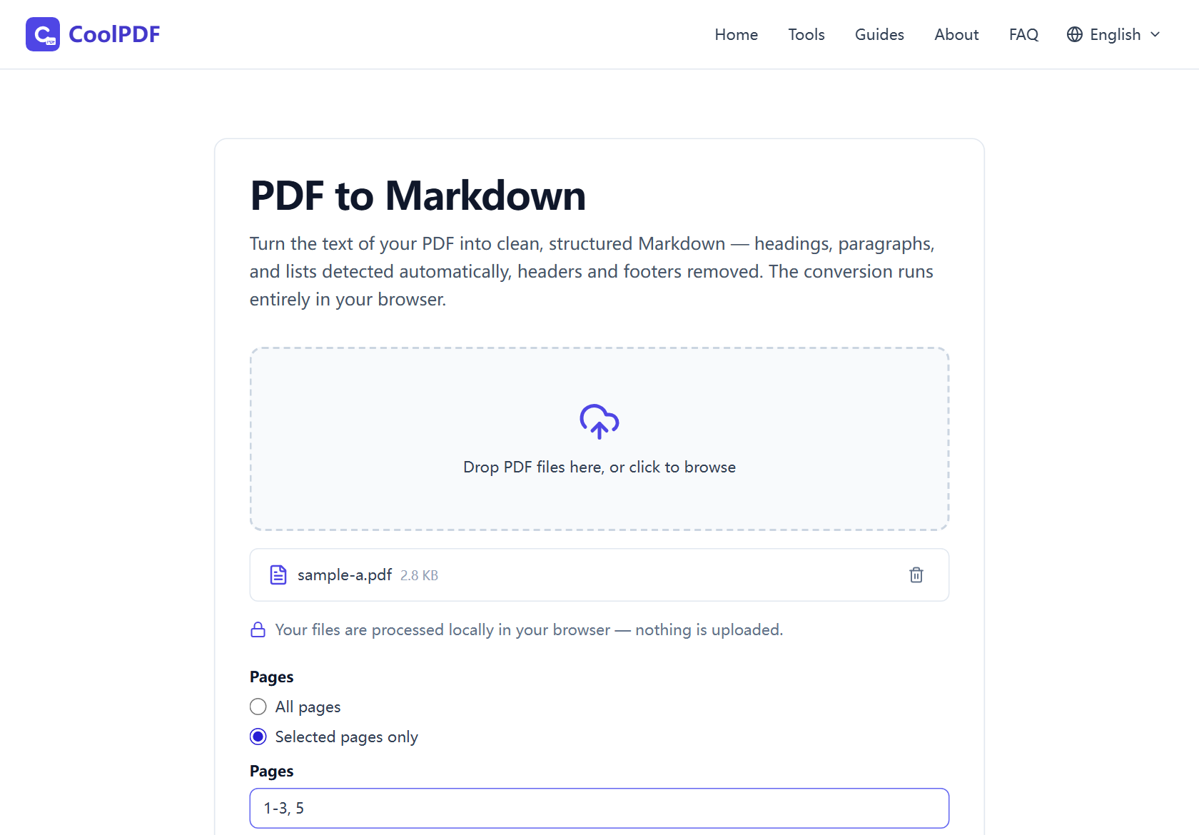 The CoolPDF PDF to Markdown page with a PDF file loaded, the "Selected pages only" option chosen, and the range 1-3, 5 typed into the Pages field.