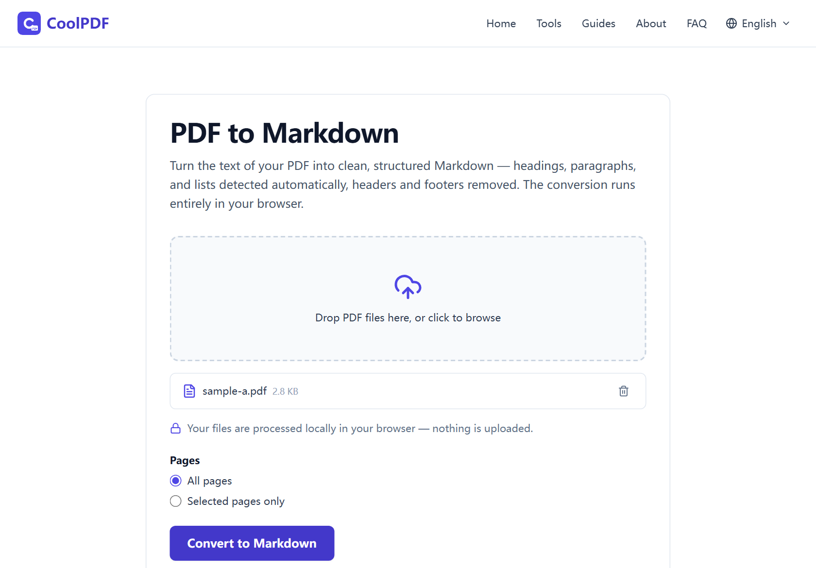 The download card after a successful conversion, showing the download.md file name, the Markdown file size, and the Download button.
