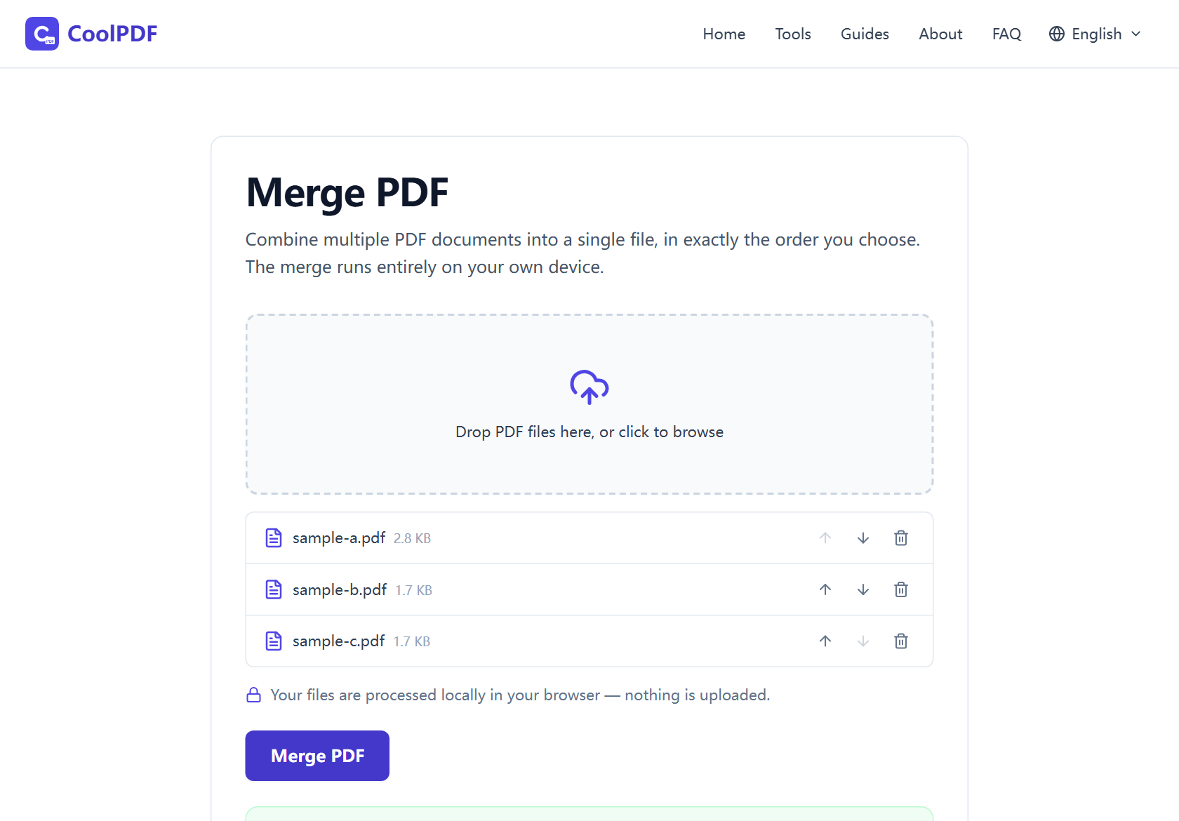 The download card shown after a successful merge, displaying the merged.pdf file name, the output file size, and the Download button.