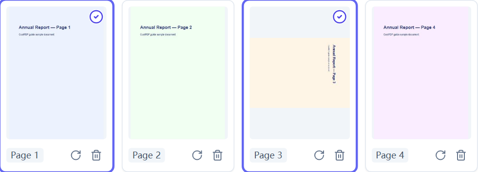 Close-up of the Organize PDF grid: the third page thumbnail has been rotated 90 degrees and now shows its content sideways, while selection checkboxes mark the pages chosen for a batch action.