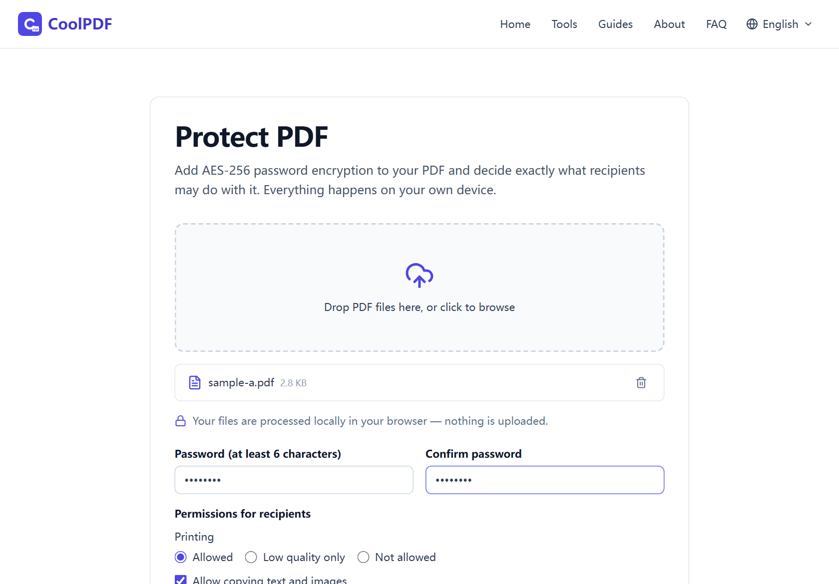 The Protect PDF tool after a file is added: the Password and Confirm password fields above the permissions panel, with the blue Protect PDF button below.