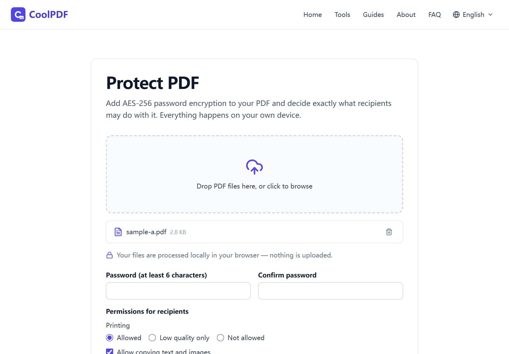 The permissions panel with the three printing options — Allowed, Low quality only, Not allowed — above the five permission checkboxes in their default states.