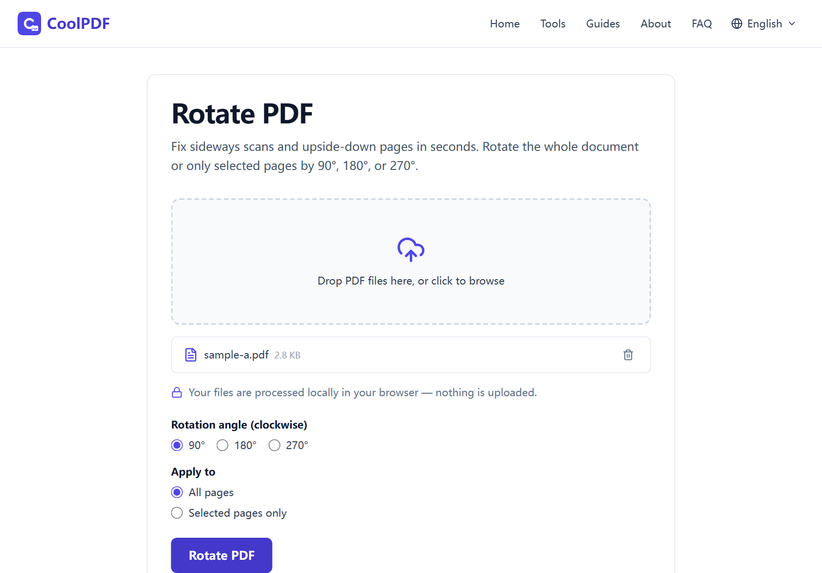 The "Your file is ready" download card after rotating, showing the rotated.pdf file name, the output file size, and the Download button.