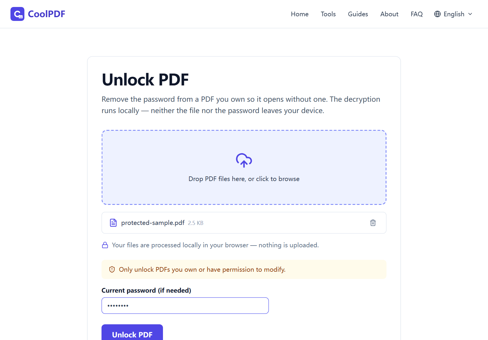The CoolPDF Unlock PDF tool with a protected bank statement added, showing the "Current password (if needed)" field filled in and the Unlock PDF button below it.