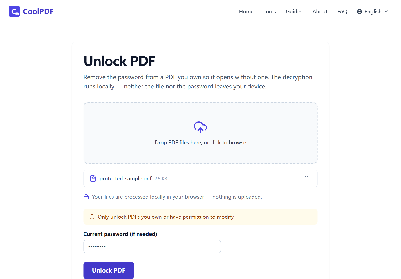 The download card shown after a successful unlock, displaying the unlocked.pdf file name, the output file size, and the Download button.